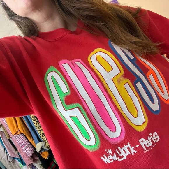 Vintage 80’s Guess Boxy Neon Rainbow Graffiti Spell Out Sweatshirt Large - Picture 4 of 7